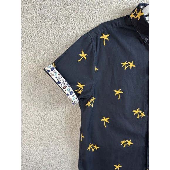 Denim & Flower Shirt Mens Size Large Blue Palm Tree Button Up Short Sleeve - Picture 5 of 11